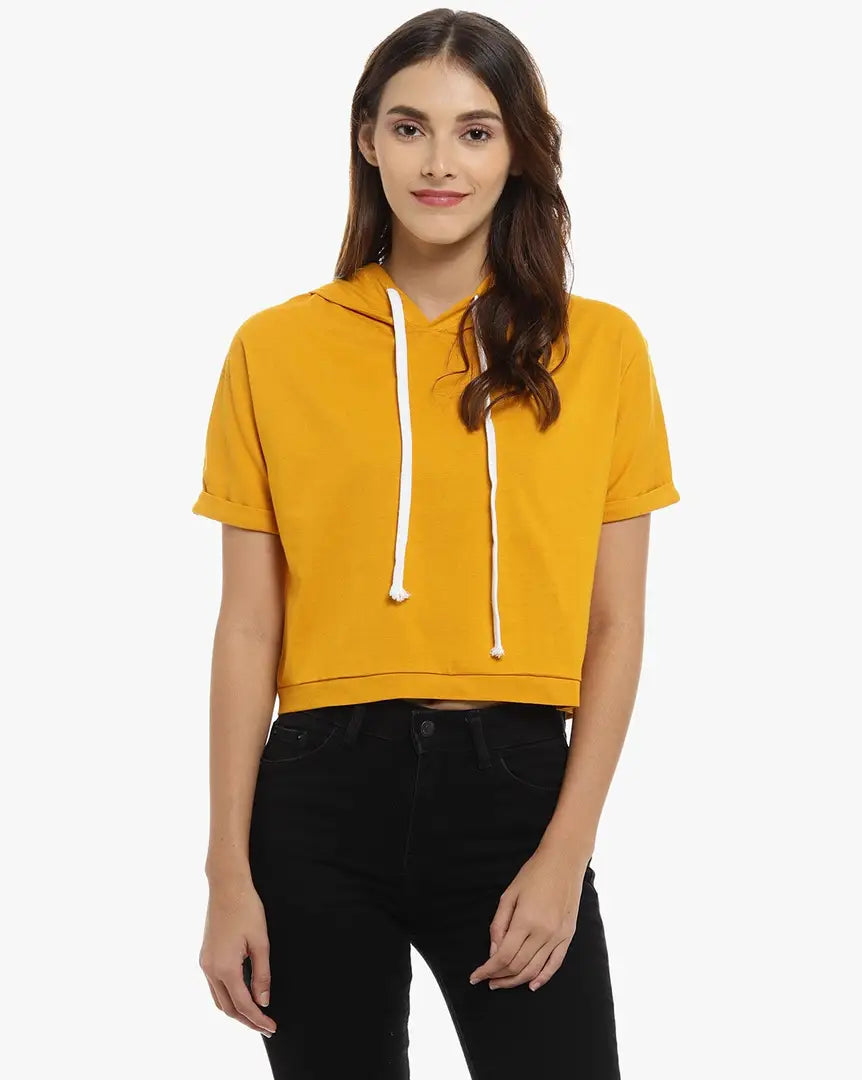 Tredny Women Short Sleeves Crop Top With Hoodie (Mustard)