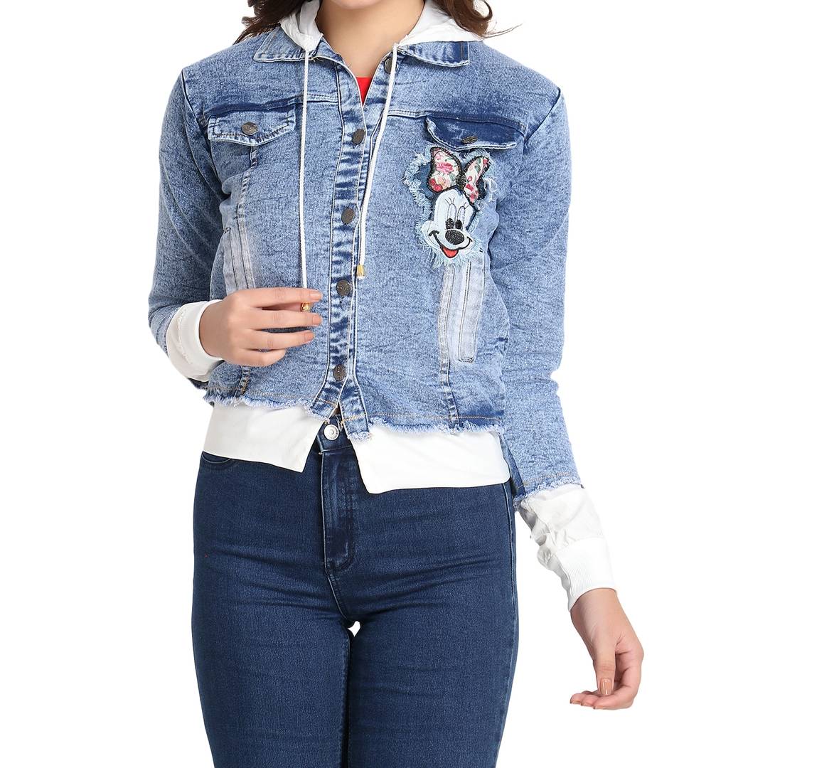 Mid Blue Full Sleeve Printed Denim Buttoned Jacket with Hoodie For Women