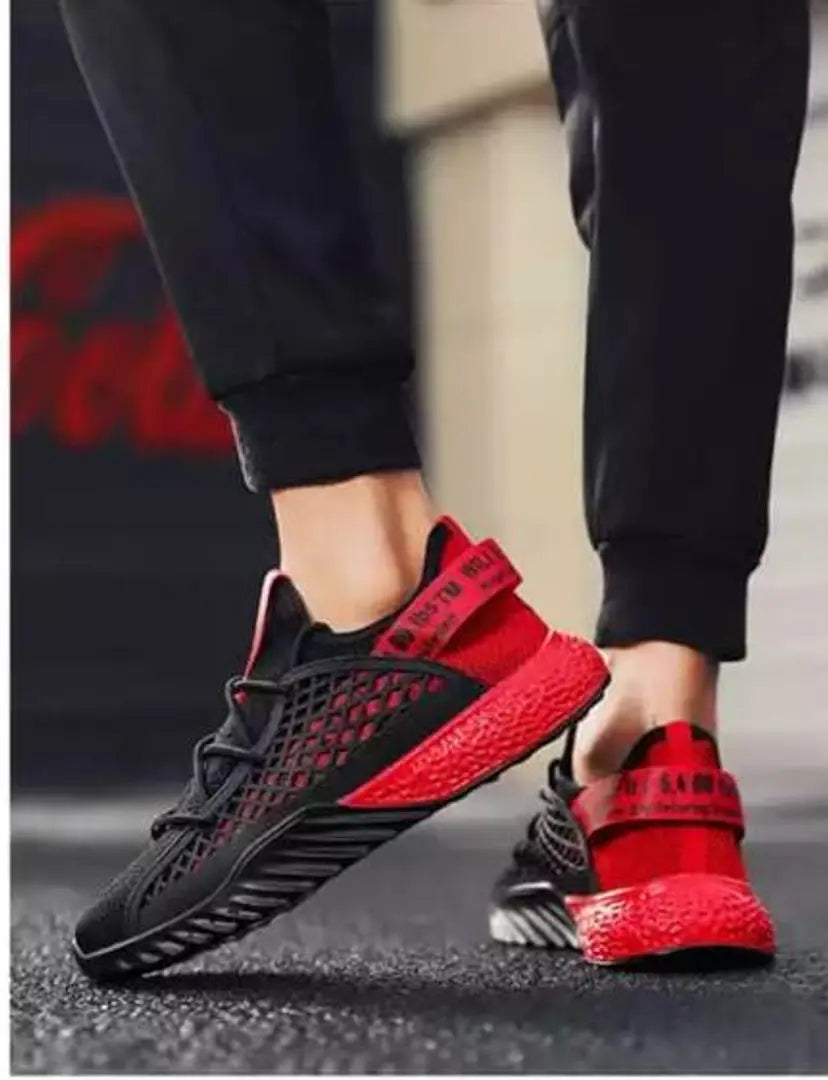 Men's Stylish Black and Red Mesh Self-Design Sports Sneakers