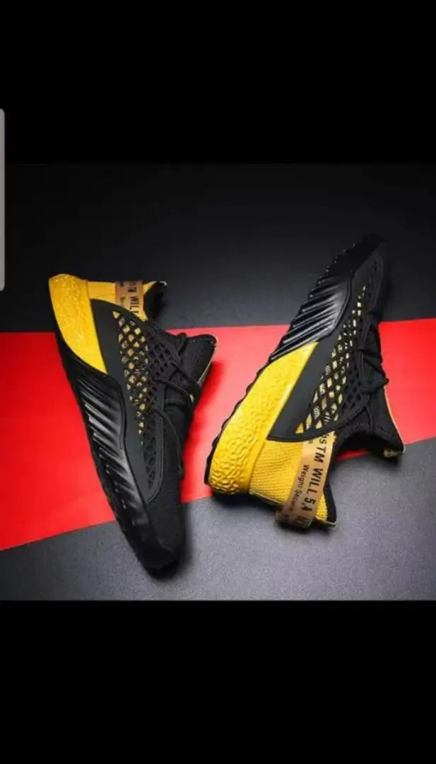 Men's Black  yellow Mesh Walking Breathable Comfy Sports Sneaker