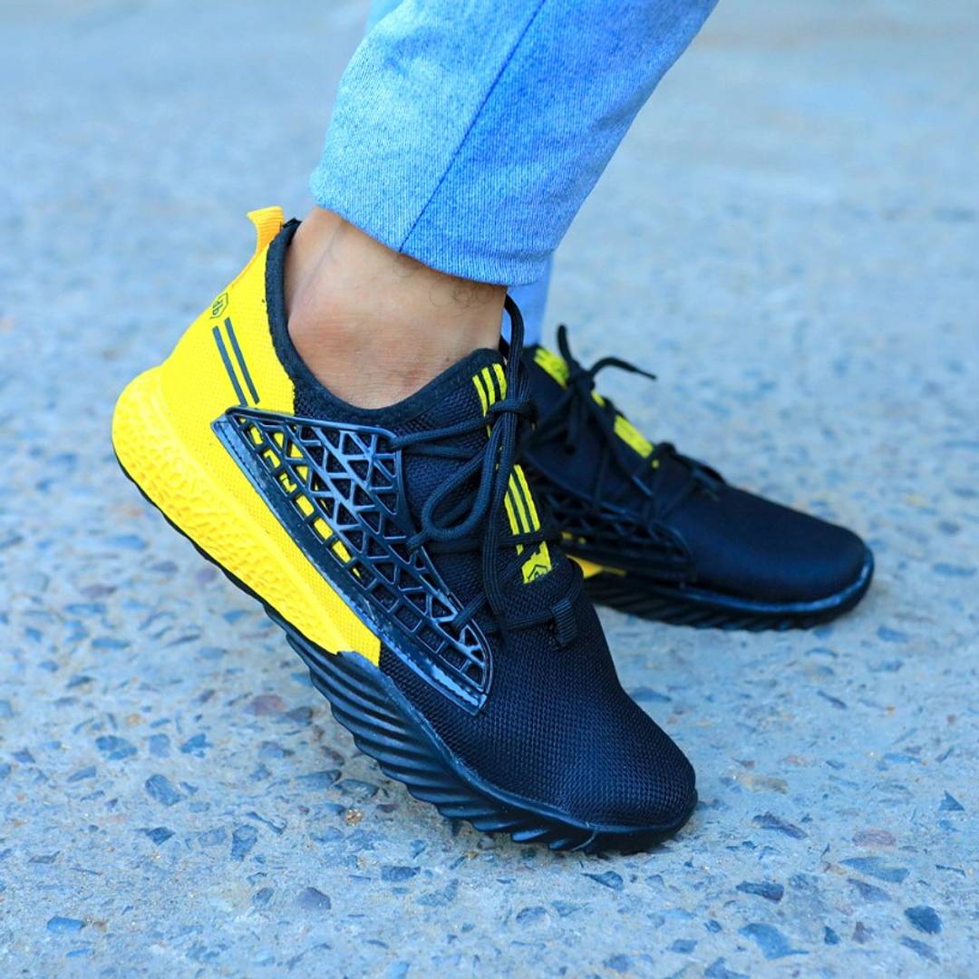 Men's Black  yellow Mesh Walking Breathable Comfy Sports Sneaker