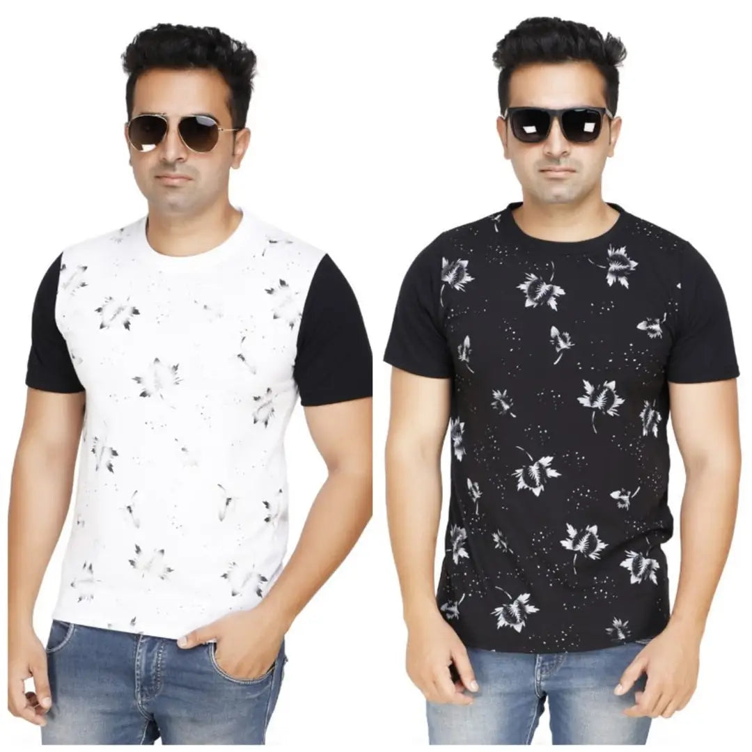 White and Black Flower Printed Combo T shirt