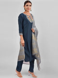 Rims 16 Womens indigo blue Silk Embroidered Kurta Pant with designer Dupatta