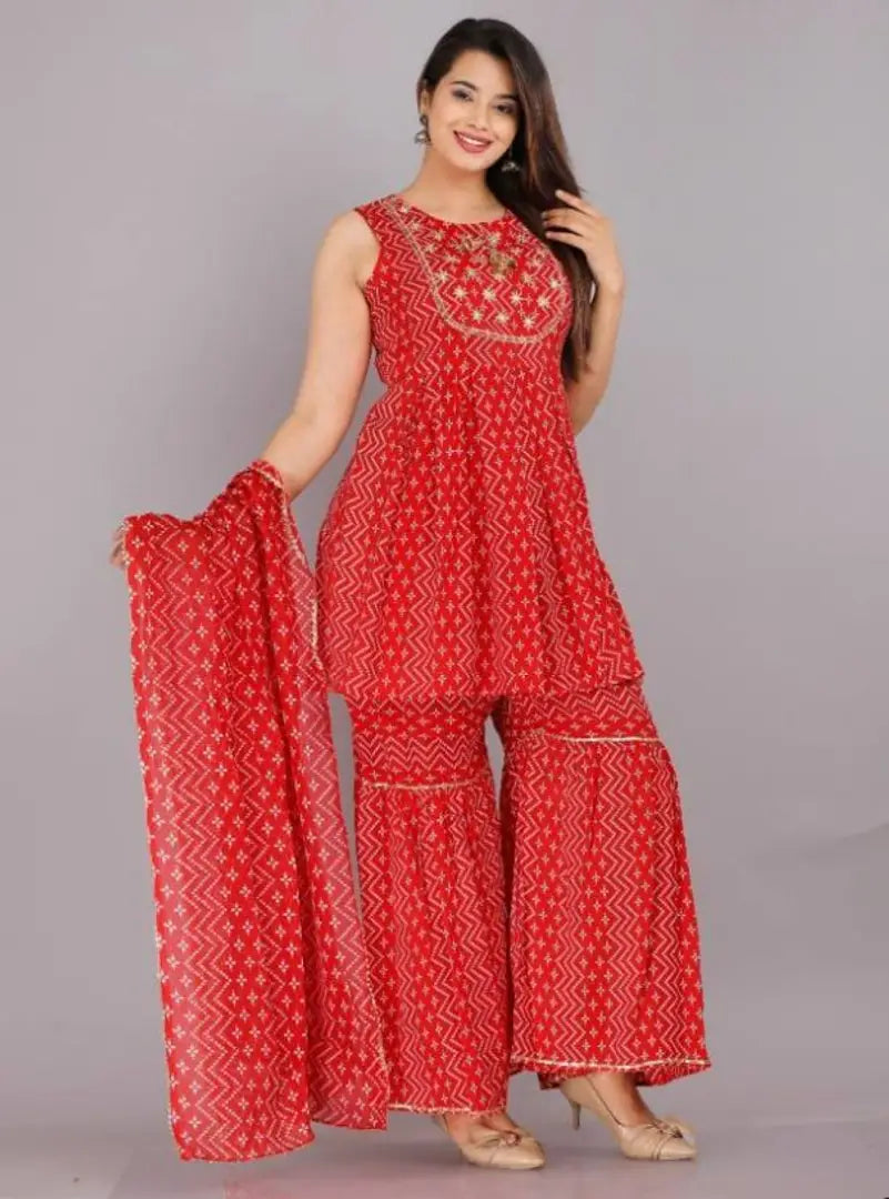 Red Printed Embroidery Kurta Sharara with dupatta