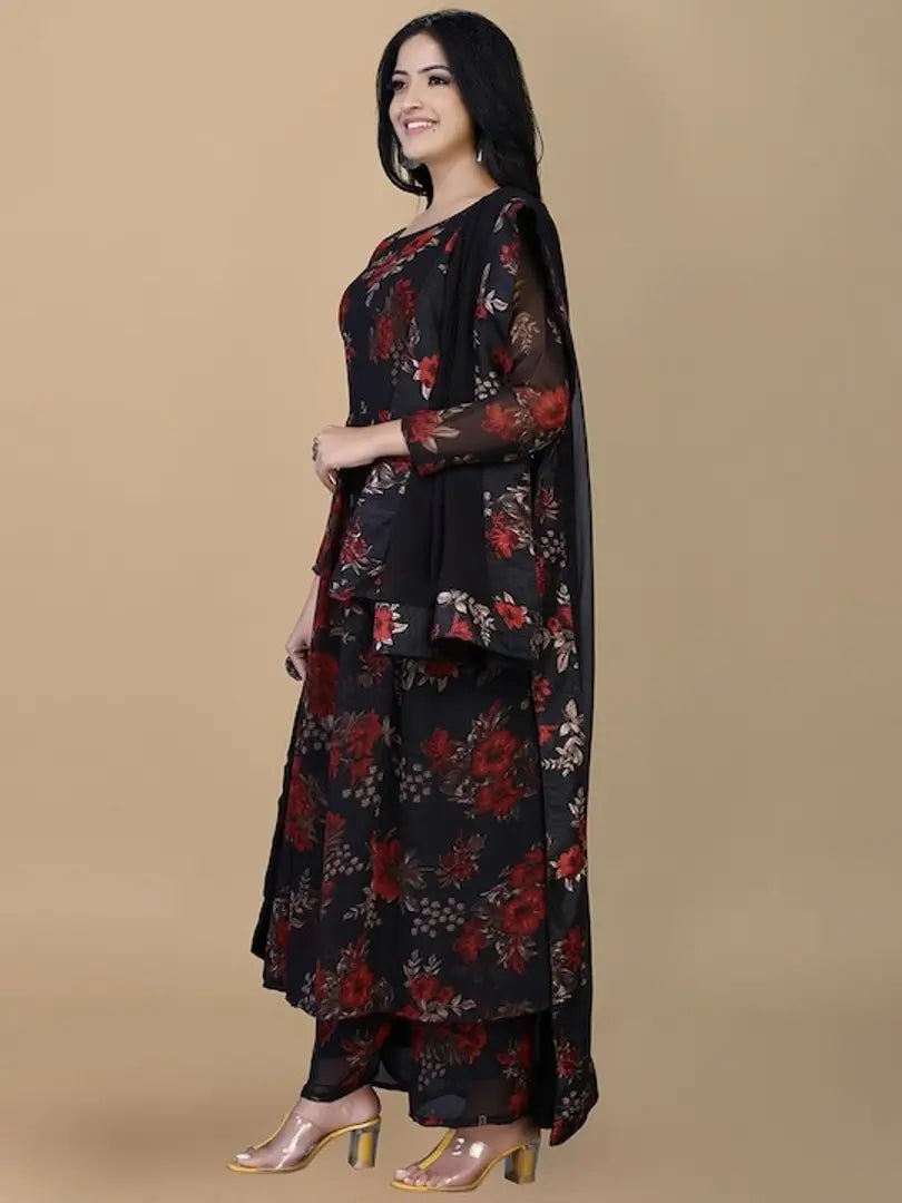 Womens  Georgette Floral Printed Kurtis With Pant and Dupatta