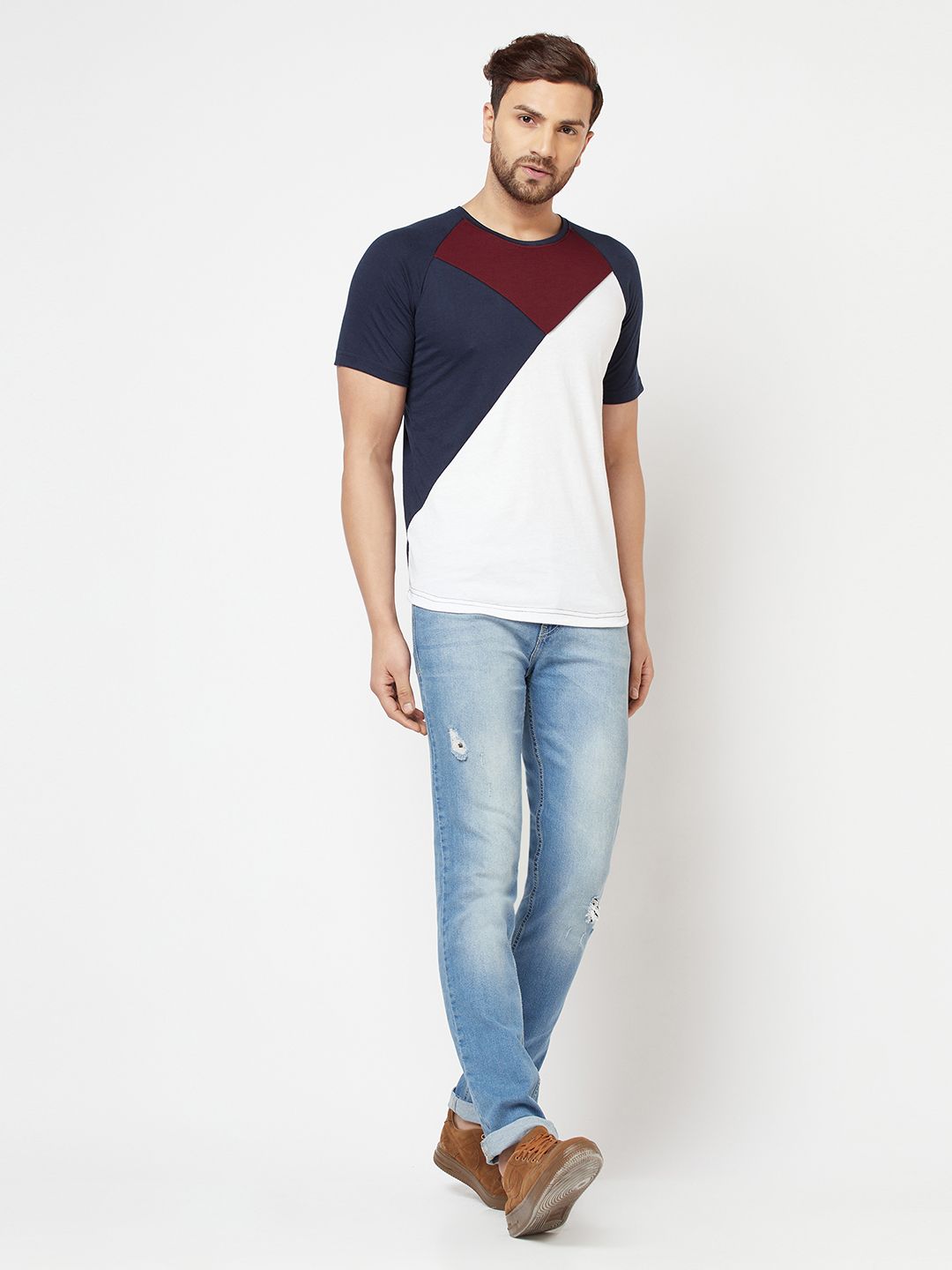 Cotton Color Block Half Sleeves Round Neck  T-Shirt