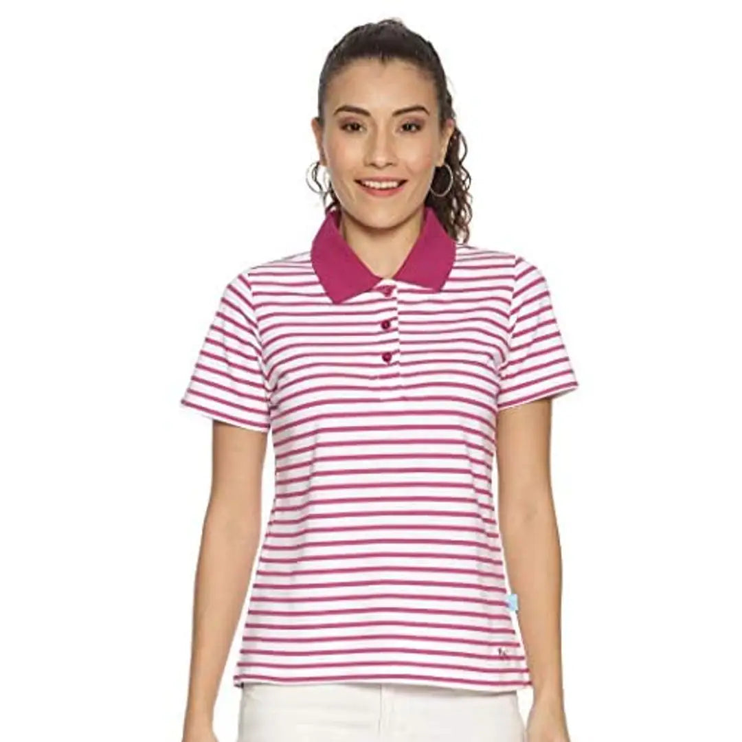 Y.O.U Striped Womens Polo Collar Neck Cotton T-Shirt Top (Small, Pink  White)