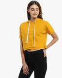 Tredny Women Short Sleeves Crop Top With Hoodie (Mustard)
