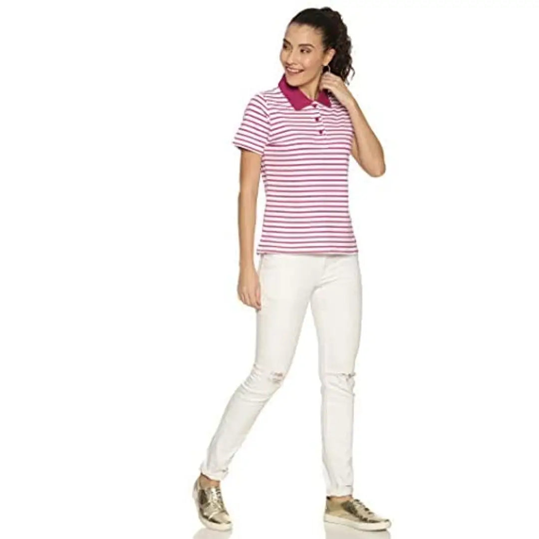 Y.O.U Striped Womens Polo Collar Neck Cotton T-Shirt Top (Small, Pink  White)