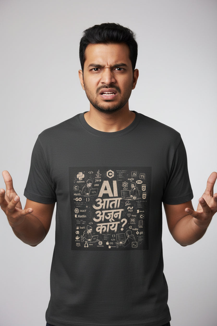 Black t-shirt with text and graphics on a white background