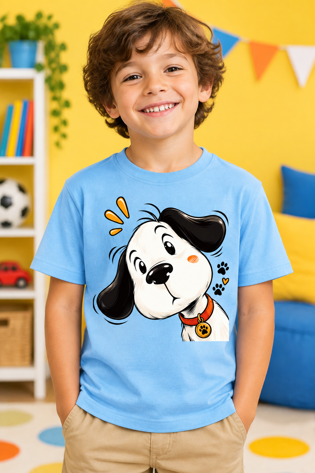 Kid wearing Sky Blue Curious Pup tee
