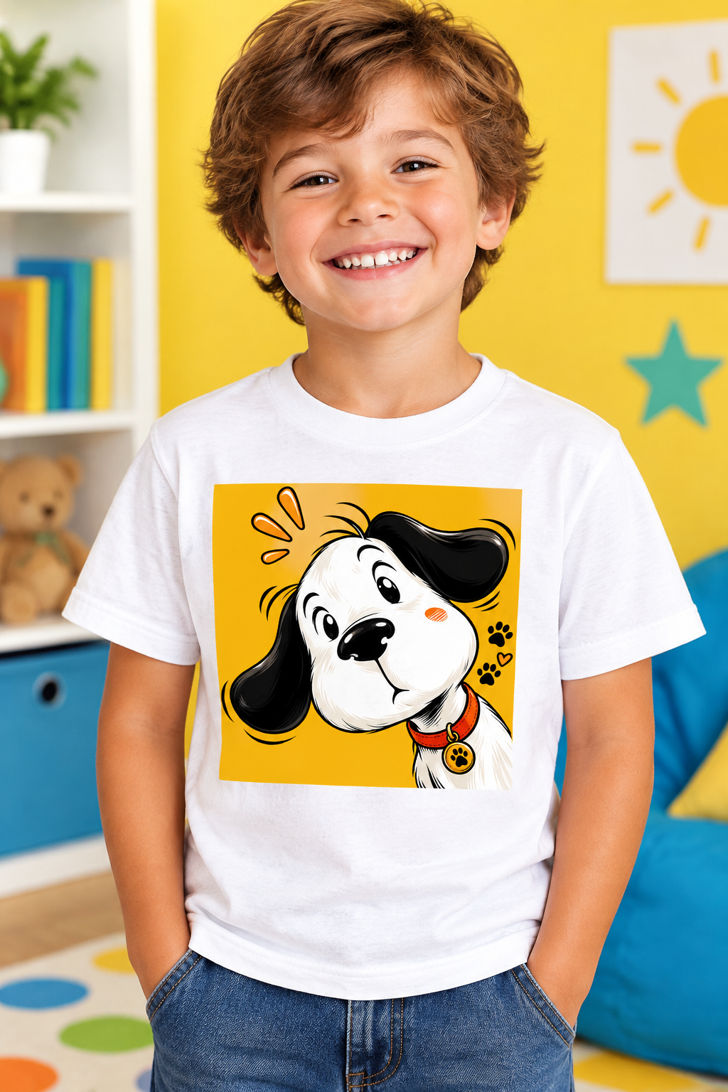 Kid wearing White Curious Pup tee