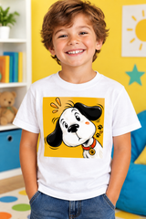 Kid wearing White Curious Pup tee