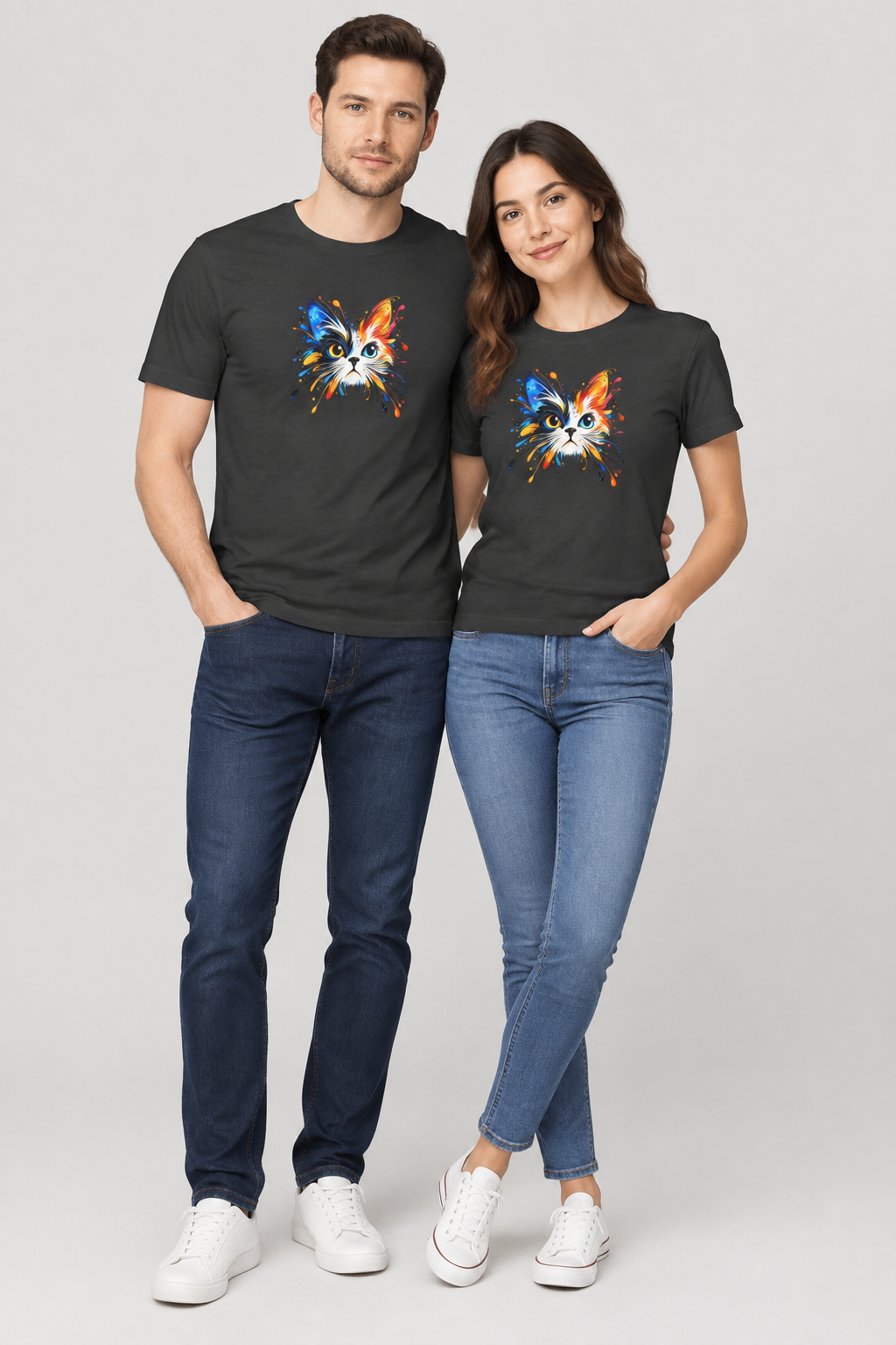 Black couple wearing Cat t-shirt
