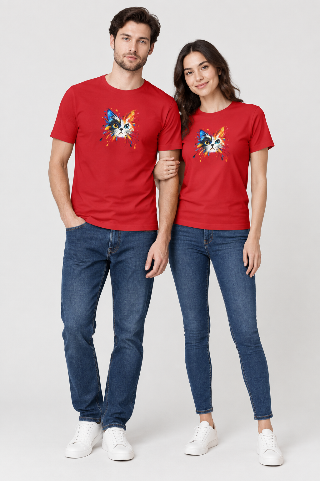Red couple wearing Cat t-shirt