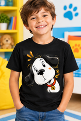 Kid wearing Black Curious Pup tee