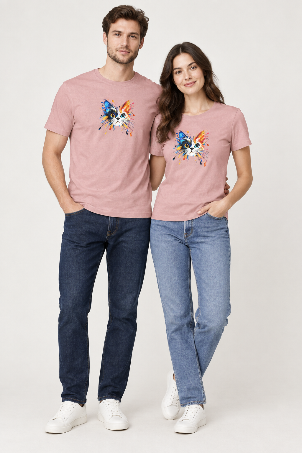 Pastel Dusty couple wearing Cat t-shirt