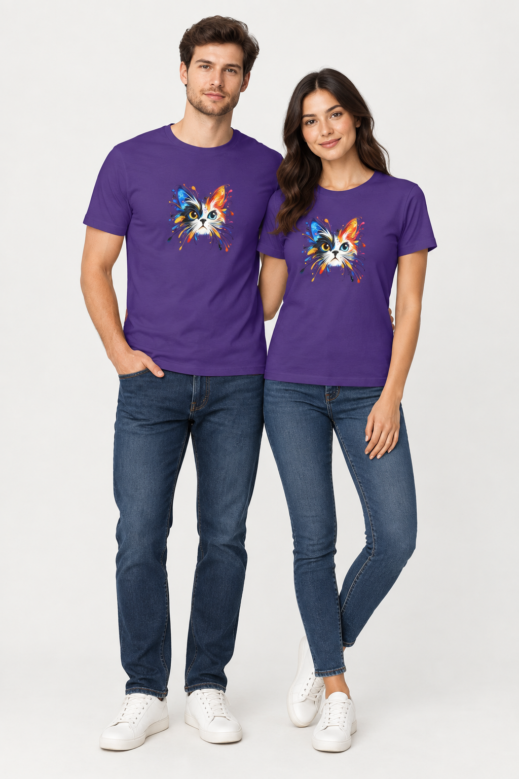 Purple couple wearing Cat t-shirt