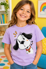 Kid wearing Lavender Curious Pup tee