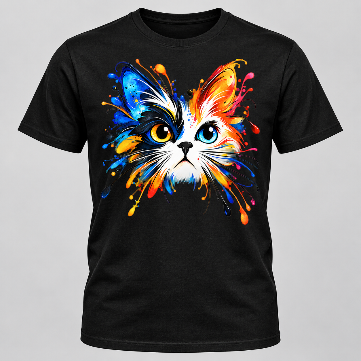 Black unisex round neck T-shirt with Colour Splash Cat front print