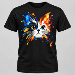 Black unisex round neck T-shirt with Colour Splash Cat front print