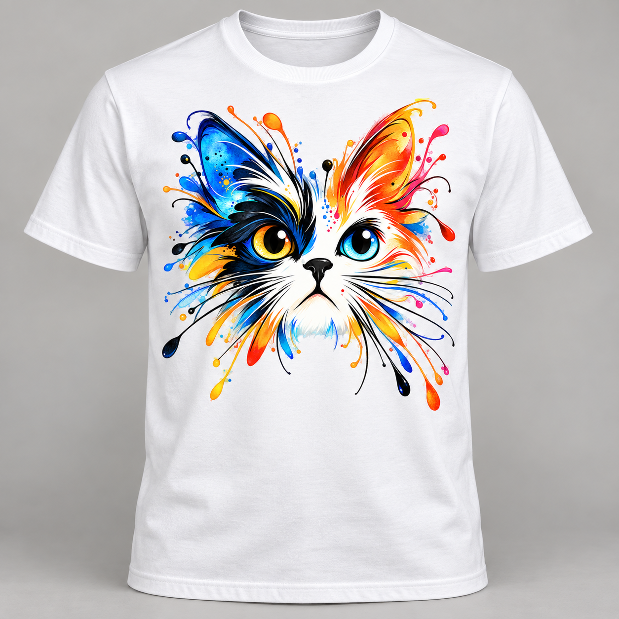 White unisex round neck T-shirt with Colour Splash Cat front print