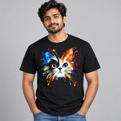 Man wearing Black Colour Splash Cat round neck T-shirt