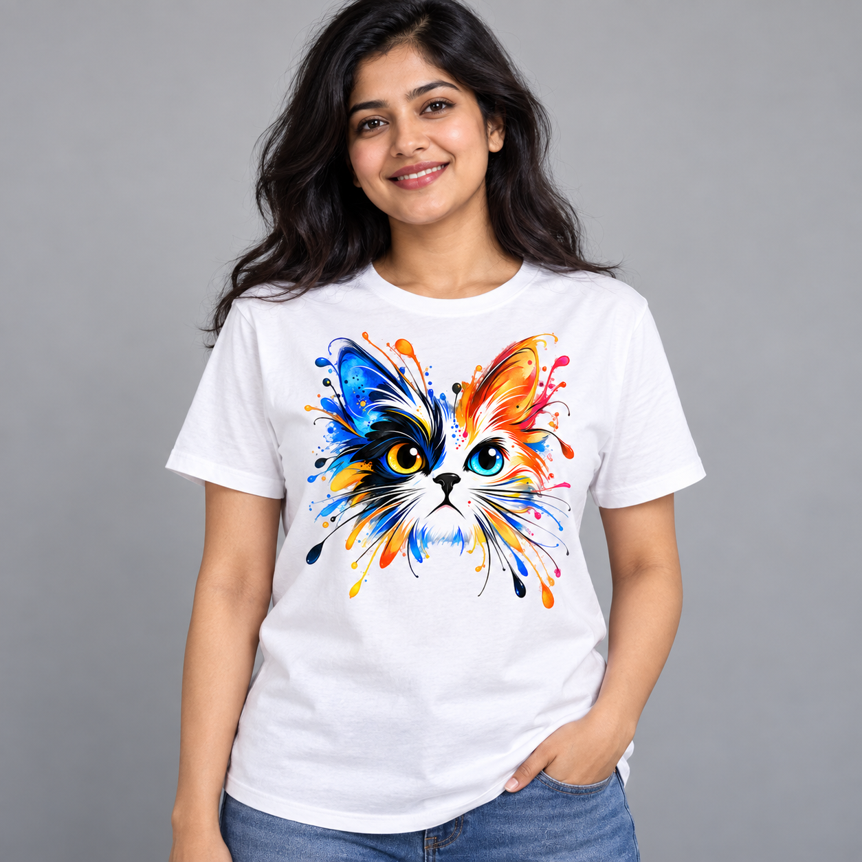 Woman wearing White Colour Splash Cat round neck T-shirt