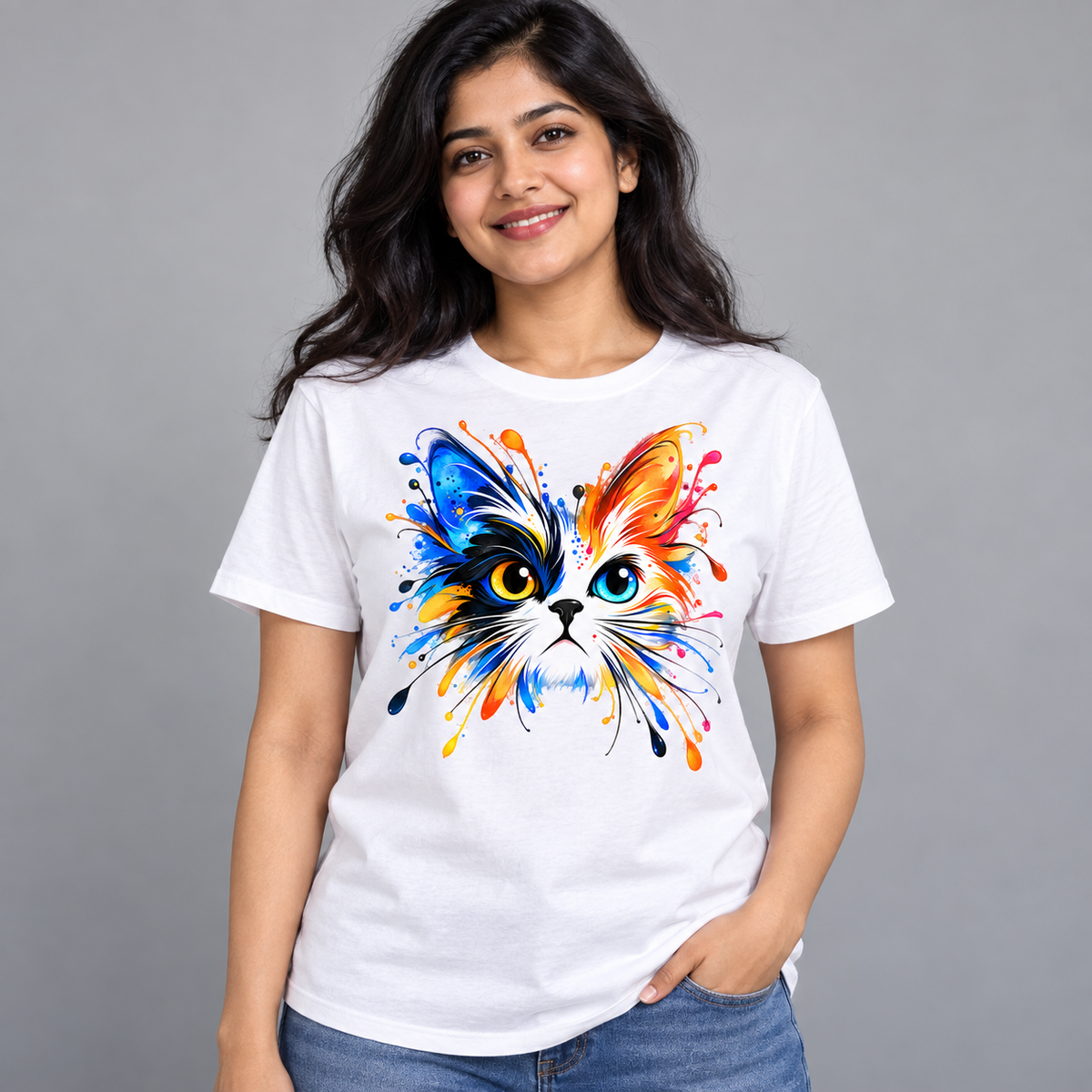 Woman wearing White Colour Splash Cat round neck T-shirt